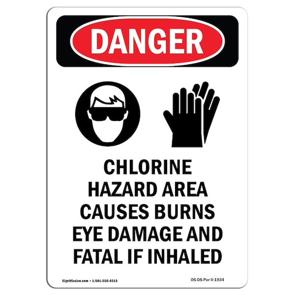 Safety Sign, OSHA Danger, 5" Height, Portrait Chlorine Hazard, Portrait, 10PK